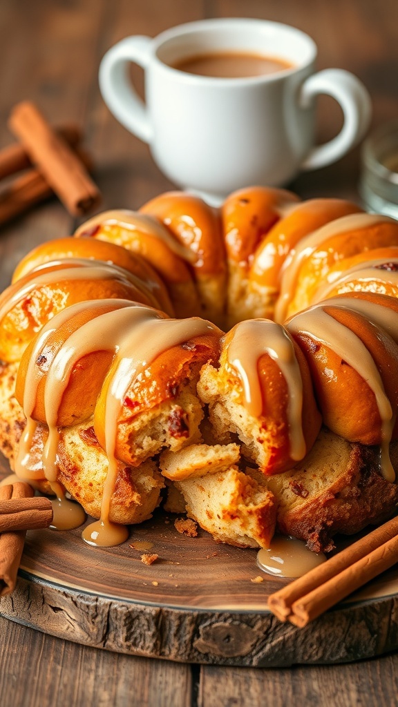 Golden brown cinnamon roll monkey bread drizzled with glaze, served on a wooden table.